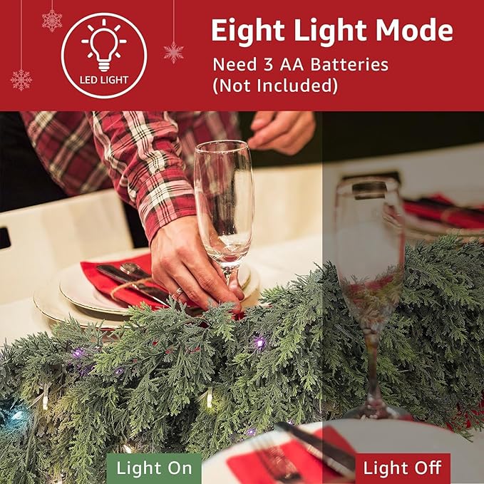 Cedar Christmas Garland for Mantle - 2 pack Decorations with Lights 6 ft Realistic Lighted Faux Pine Garlands for Xmas Home Decoration Indoor Stairs Railing Fireplace Outdoor Prelit Garland Door Decor