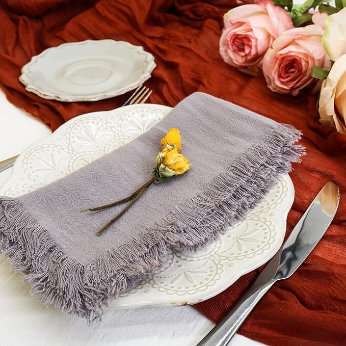 Handmade Cloth Napkins with Fringe,18 x 18 Inches Cotton Linen Napkins Set of 4 Versatile Handmade Square Rustic Fringe Napkins for Dinner, Wedding and Parties, Gray