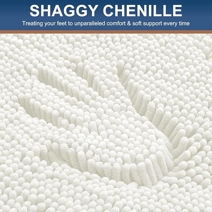 Smiry Luxury Chenille Bathroom Rugs 59x24, Extra Soft and Absorbent Shaggy Bath Mat, Machine Washable, Non-Slip Plush Carpet Runner for Tub, Shower, and Floor, Home Decor Accessories, Ivory