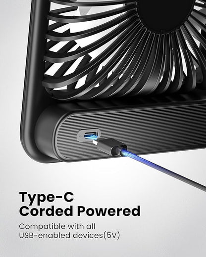 Koonie USB Desk Fan, Strong Wind Ultra Quiet Small Personal Fan with 180° Tilt Folding and 3 Speeds Adjustable, USB-C Corded Powered Mini USB Fan for Office Desktop Bedroom, NO BATTERY