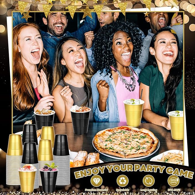 KesaPlan 100 PCS 12 OZ Plastic Cups, Party Cups Black and Gold Cups Disposable Drinking Cup Bulk For Christmas Graduation Wedding Birthday Halloween New Year Family Gathering Festive Celebrations