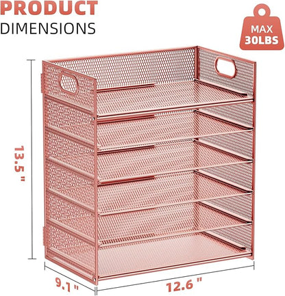 Marbrasse 2 Pack Desk Organizer with Handle, 6 Tier Paper Letter Tray, Mesh Desk File Organizer for Office, School and Home - Rose Gold