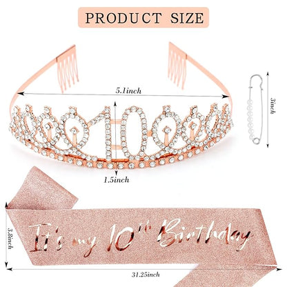 CIEHER 10th Birthday Crown, Sash + Pearl Pin Set - Decorations and Gifts for 10 Year Old Girl's Birthday Party Favors