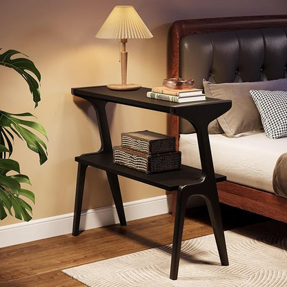 Tribesigns Solid Wood End Table, Modern Side Table for Couch, 2-Tier Narrow Tall End Table, Long Bedside Table for Living Room, Bedroom, Black