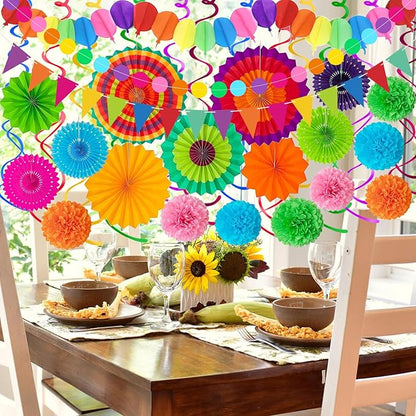 33Pcs Fiesta Decorations Cinco De Mayo Decorations Multi-Color Paper Fans Garlands Pennant Pom Poms Hanging Swirls For Birthday Wedding Rainbow Mexican Party