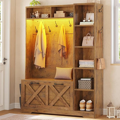 Itaar Hall Tree with Bench and Shoe Storage, Farmhouse Entryway Bench with Coat Rack, Shoe Cabinet with Flip Drawers, 7 Shelves, 10 Coat Hooks, Storage Bag, Led Lights, Rustic Brown