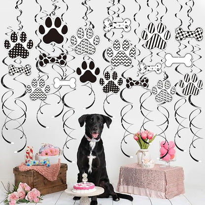 Dog BirthdayHanging Swirl Set Party Decorations, 48 Pcs, Dog Paw Bones Party Supplies Sign,White Black Grid