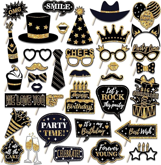 HARZHI Photo Booth Props Kit for Birthday Wedding Party Supplies Carnival Crazy Dance Decor Photobooth Funny Cute Holiday Selfie Supplies Masked Ball (36 Pcs Birthday)