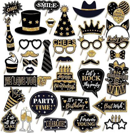 HARZHI Photo Booth Props Kit for Birthday Wedding Party Supplies Carnival Crazy Dance Decor Photobooth Funny Cute Holiday Selfie Supplies Masked Ball (36 Pcs Birthday)