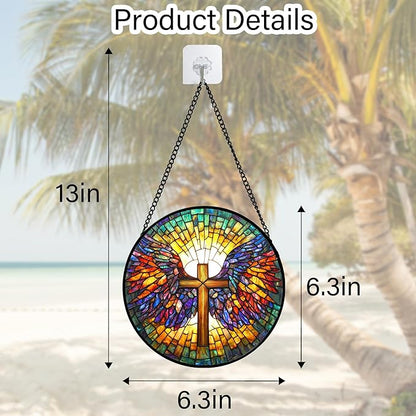 Stained Glass Window Hanging - Jesus Cross Wings Suncatcher Ready to Hang Window Doors Home Decoration and Christmas, Mother's Day Birthday Gifts for Women, Men, and Mom 6.3x6.3 in