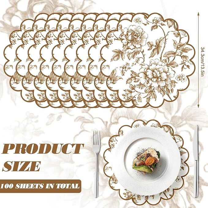 100 Pcs Brown Floral Paper Placemats with Scalloped Edges 15 Inch Chinoiserie Paper Table Mats Vintage Floral Place Mats for Dining Parties Weddings Holidays Table Decorations