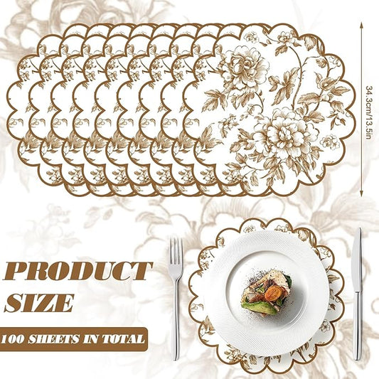 100 Pcs Brown Floral Paper Placemats with Scalloped Edges 15 Inch Chinoiserie Paper Table Mats Vintage Floral Place Mats for Dining Parties Weddings Holidays Table Decorations