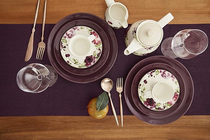 Solino Home Linen Chambray Burgundy Table Runner 132 Inches Long - Athena, 100% Pure Linen 14 x 132 Inch Table Runner for Fall, Autumn, Christmas, New Year