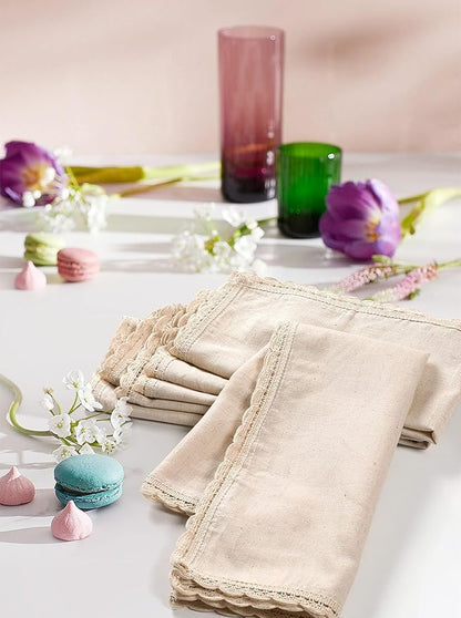 Cloth Napkins Reusable Natural Cloth Dinner Napkins Set of 4 Cotton Flax Fabric Oversized 20x20 Inches Cloth Napkins with Lace for Parties Weddings Washable Cocktail Napkins Thanksgiving Decor