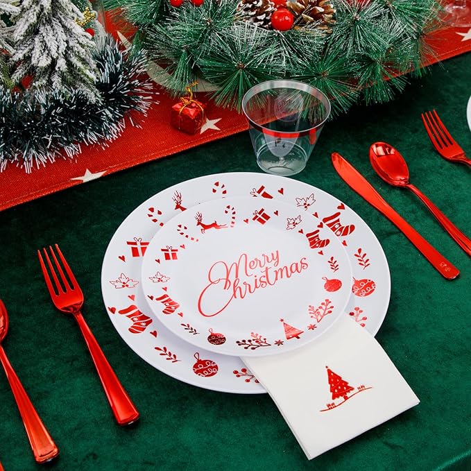 Liacere 175PCS Red and White Disposable Christmas Plastic Plates - Include 25 Dessert Plate, 25 Dinner Plates, 25 Knives, 25 Spoons, 25 Forks, 25 Cups, 25 Napkins for Christmas Party