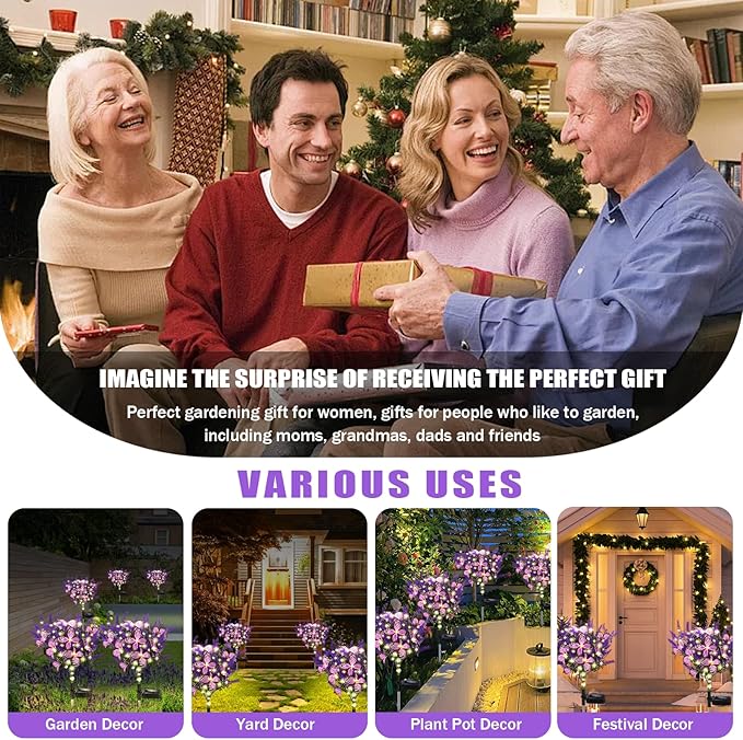Kohlrabi Solar Garden Lights Outdoor, 4 Pack Purple Lavender Solar Butterfly Lights Gardening Gifts for Women, Artificial Flower with Butterfly Purple Garden Decor for Lawn Patio-Warm White