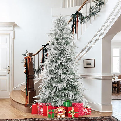 GOFLAME 7FT Pre-lit Artificial Christmas Tree, Snow Flocked Hinged Xmas Tree with 340 Warm White LED Lights, 820 Branch Tips and Folding Metal Stand, Holiday Decoration Tree for Home Party