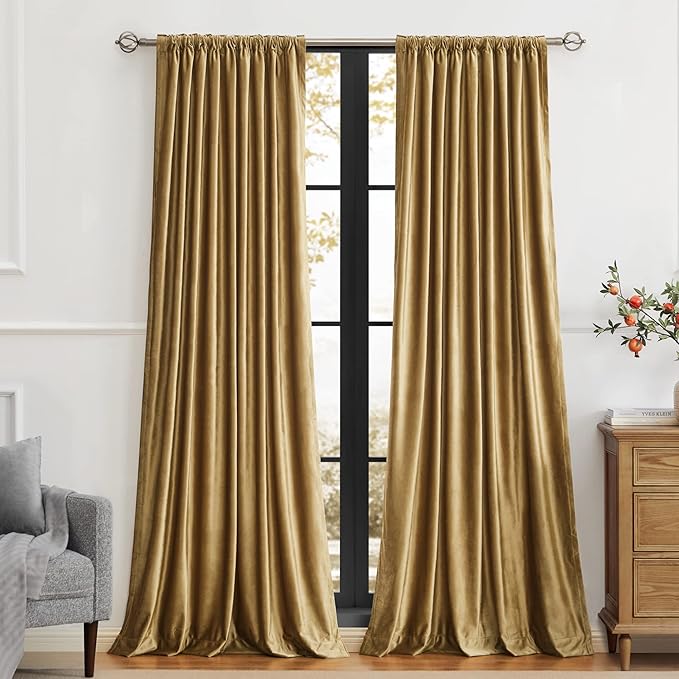 PRIMROSE Golden Velvet Curtains 72 inch Long for Living Room,Set of 2 Panels Blackout Rod Pocket Back Tab Window Treatment Room Darkening Heavy Decorative Curtains Drapes for Bedroom