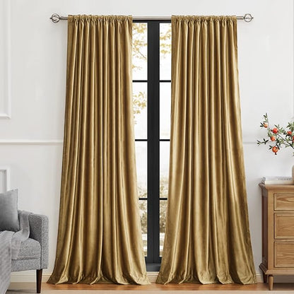 PRIMROSE Golden Velvet Curtains 72 inch Long for Living Room,Set of 2 Panels Blackout Rod Pocket Back Tab Window Treatment Room Darkening Heavy Decorative Curtains Drapes for Bedroom