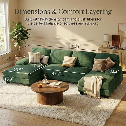 Homall Modular Sectional U Shaped Sofa Couches for Living Room, Comfy Chenille 4 Seat Sofa Set with Removable Pillows, Lounge Chaise Upholstered Couch for Apartment (Chenille, Green)