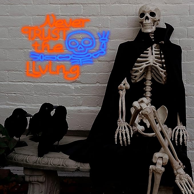 LISIGNVE Never Trust The Living Neon Sign Halloween Led Neon Light for wall Decor Skeleton Light Up Sign for Halloween Party Spooky Home Chamber of Secrets Horror Theme