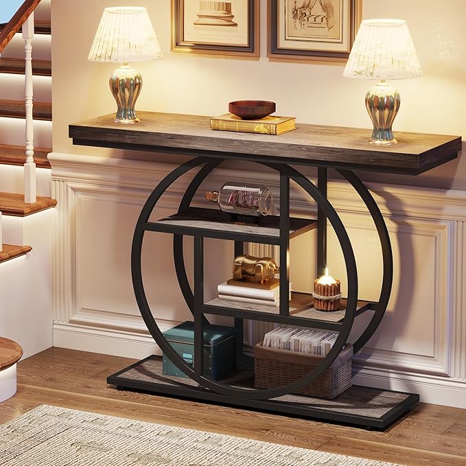 Tribesigns 41.3" Console Table, Industrial 4-Tier Sofa Table Entryway Table with Circle Base, Narrow Wood Accent Tables with Storage Shelves for Living Room, Hallway, Foyer, Gray | Industrial, Sofa Table, Entryway Table, Narrow, Accent Tables, Storage ...