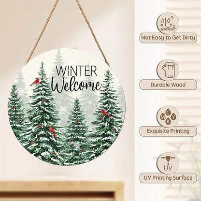 Winter Welcome Sign for Front Door Christmas Cardinal Bird Wood Door Hanger for Outdoor Outside Porch Snowflake Pine Trees Round Hanging Signs Holiday Decor for Home Wall Porch Yard 12"x12"