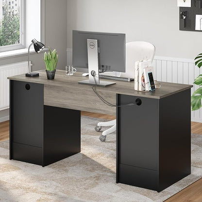 Bestier 59 Inch Office Desk with 4 Drawers, Computer Desk with Storage, Executive Desk with File Drawer, Keyboard Tray & 2 Pedestals on Both Sides for Home Office, Studio, Grey&Black