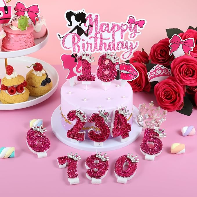Hot Pink Birthday Candles Crown Number 0 Candle Birthday Party Decorations Cake Topper Cupcake Decor for Anniversary Celebrations Supplies