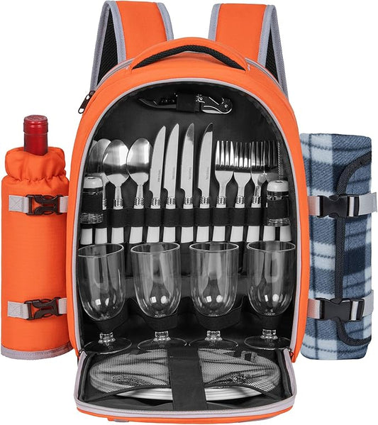 Picnic Backpack for 4 Persons with Insulated Leakproof Cooler Compartment, Cutlery Sets, Wine Holder, Fleece Blanket, Wedding Gifts for Couples, Perfect for Beach, Camping, Hiking, Orange