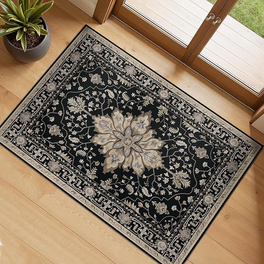 Area Rugs 2'x3' Kitchen Rugs Entry Rug Small Rugs for Entryway Kitchen Bathroom Door Mat Indoor Entrance,Washable Non Slip, Black Brown Neutral Dark Tan