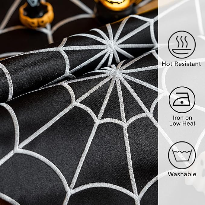 Joyfol Day Halloween Table Runner 14 x 69 Inch, Embroidered Spider Web Table Runners, Black Fireplace Mantel Scarf, Halloween Table Decorations for Parties Gothic Scary Nights