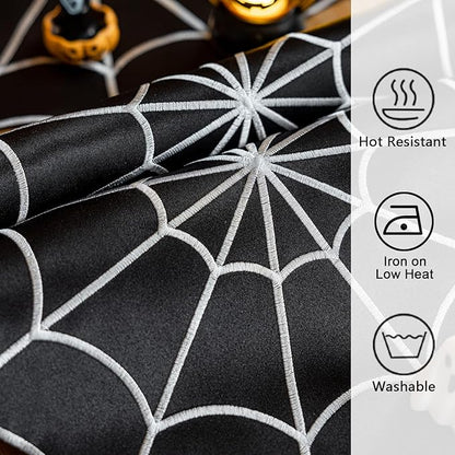 Joyfol Day Halloween Table Runner 14 x 59 Inch, Embroidered Spider Web Table Runners, Black Fireplace Mantel Scarf, Halloween Table Decorations for Parties Gothic Scary Nights