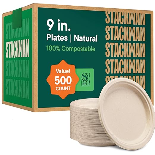 100% Compostable Paper Plates 9 Inch [500 Count] Heavy-Duty Dinner Plates - Natural Brown Color Unbleached Bagasse - Eco-Friendly Disposable Biodegradable Sugarcane Plates - [Bulk Case 4 x 125 Pack]