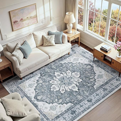 Area Rugs 6'x9' Washable Non-Slip, Floral Vintage Distress Print Pattern Medallion Carpet for Living Room Bedroom Dining Room, Light Gray Grey White