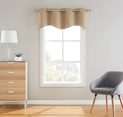 LinenZone 1 Scalloped Valance Curtain Panel - Premium Grommet Blackout Drape - 54 inch Wide x 18 Inches Long - Solid Thermal Insulated Draperies (Nicole Scallop 54 x 18, Taupe)