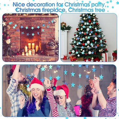 Patelai Glitter Star Garland Banner Christmas Decor 130 Feet Star Hanging Bunting Banner Twinkle Backdrop for Homecoming Classroom Wedding Birthday Halloween Party Supplies(Iridescent Blue)