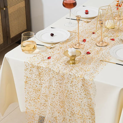 3 Pcs Gold Table Runners, 28In x 10 Ft Sheer Chiffon Tulle Cheesecloth with Glitter Metallic Foil, Golden Sequin Gauze Runner for Wedding, Birthday, Baby Shower, Anniversary Party Decor, Lace