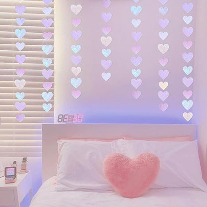 Iridescent White Heart Decorations Double Sided Sequin Fabric 3D Heart Hanging Wall Art Heart Garland Streamer for Nursery Classroom Bedroom Wall Valentines Day Holiday Weeding Anniversary Home Decor
