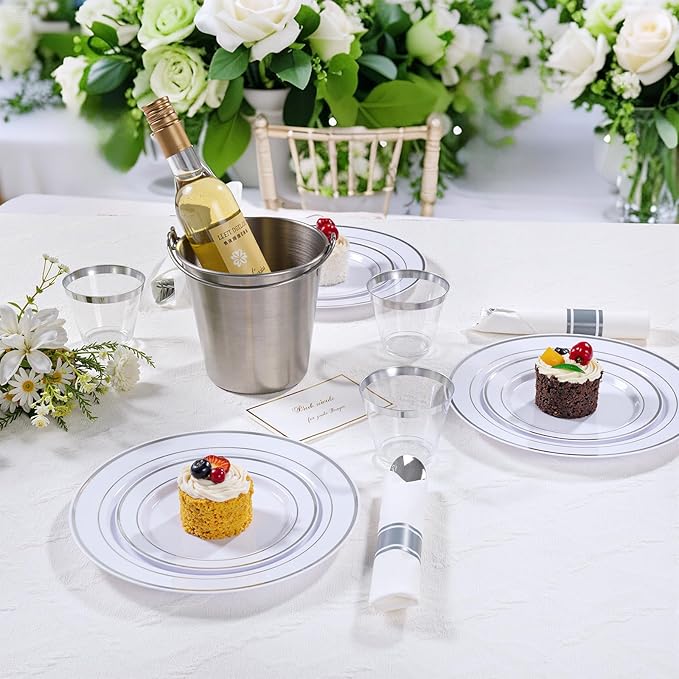DaYammi 350PCS Silver Plastic Dinnerware Set for 50 Guests, Fancy Disposable Plates for Christmas, Include: 50 Dinner Plates, 50 Dessert Plates, 50 Pre Rolled Napkins with Silver Silverware, 50 Cups