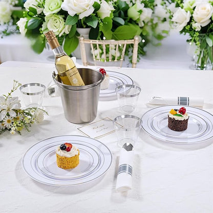 DaYammi 350PCS Silver Plastic Dinnerware Set for 50 Guests, Fancy Disposable Plates for Christmas, Include: 50 Dinner Plates, 50 Dessert Plates, 50 Pre Rolled Napkins with Silver Silverware, 50 Cups