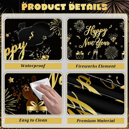 6 Pcs Happy New Year Tablecloth, 108" x 54" Rectangle Table Covers for New Years Eve Party Supplies, Black and Gold Firework Nye Tablecover 2026, Holiday Table Cover for NYE Party Supplies 2026 Decor