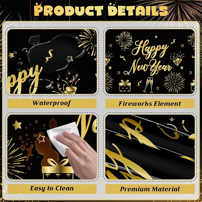 3 Pcs New Years Tablecloth, 108 x 54 Inches Disposable Plastic NYE Table Cover 2026, Rectangle New Years Eve Tablecloth with Black Gold Firework Design, Waterproof Table Cover for Nye Party Supplies