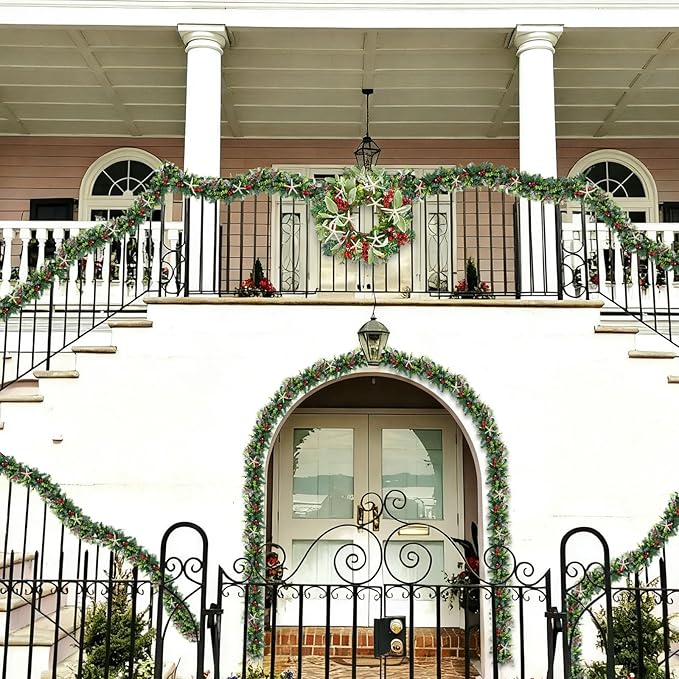 6 Feet Natural Starfish Christmas Garland for Mantle Sea Star Fish Artificial Garland with Lamb's Ear Leaves Pinecone Red Berries for Home Kitchen Cabinet Christmas Tree Farmhouse Porch Fireplace