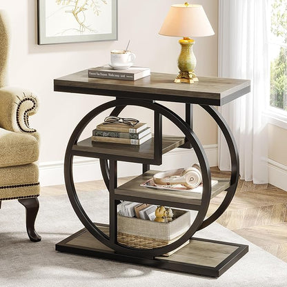 Tribesigns End Table for Living Room, 4-Tier Narrow Side Table with Storage Shelves, Industrial Bedside Table for Bedroom, Wood Small Sofa Side Table with Geometric Metal Frame (1 PC, Grey)