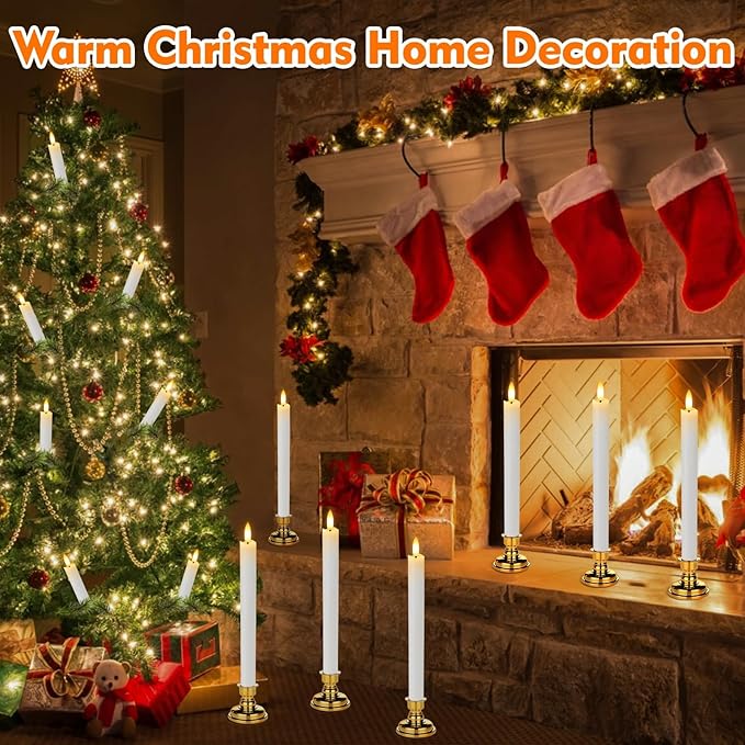 HINZER 6 Pcs Flameless Taper Candles with Remote & Timer 9.6 inch Real Wax Battery Operated LED Warm 3D Wick Flickering Window Candles for Halloween Christmas Wedding Decor, White