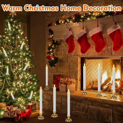 HINZER 6 Pcs Flameless Taper Candles with Remote & Timer 9.6 inch Real Wax Battery Operated LED Warm 3D Wick Flickering Window Candles for Halloween Christmas Wedding Decor, White