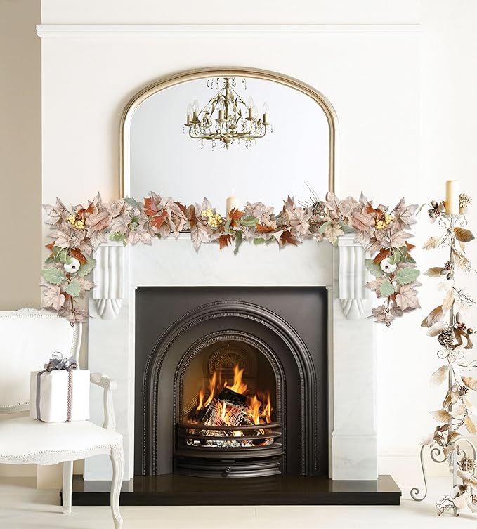 DearHouse 2 Pack Fall Garland Maple Leaf, 5.9Ft/Piece Hanging Vine Garlands Artificial Autumn Foliage Garland Thanksgiving Decor for Home Wedding Fireplace Party Christmas (White&Green)
