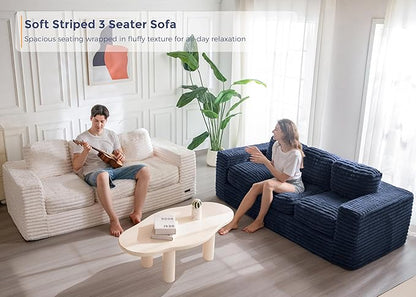 MAXYOYO 3-Seater Boneless Sofa Couch in a Box, Modern Faux Fur Sofa for Living Room, Soft High-Density Foam Couch with Pillows, Fluffy & Supportive Lounge, No Assembly Required, Navy