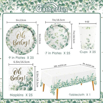 Sage Greenery Baby Shower Party Supplies Disposable Paper Plates Napkins Cups and Tablecloth for Boho Greency Party Decorations, Serve 25.